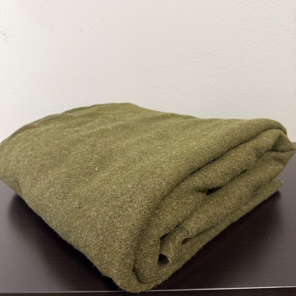 Vintage Military Style Wool Blanket Olive Drab Green 76x62.5 Whipstitch Edge